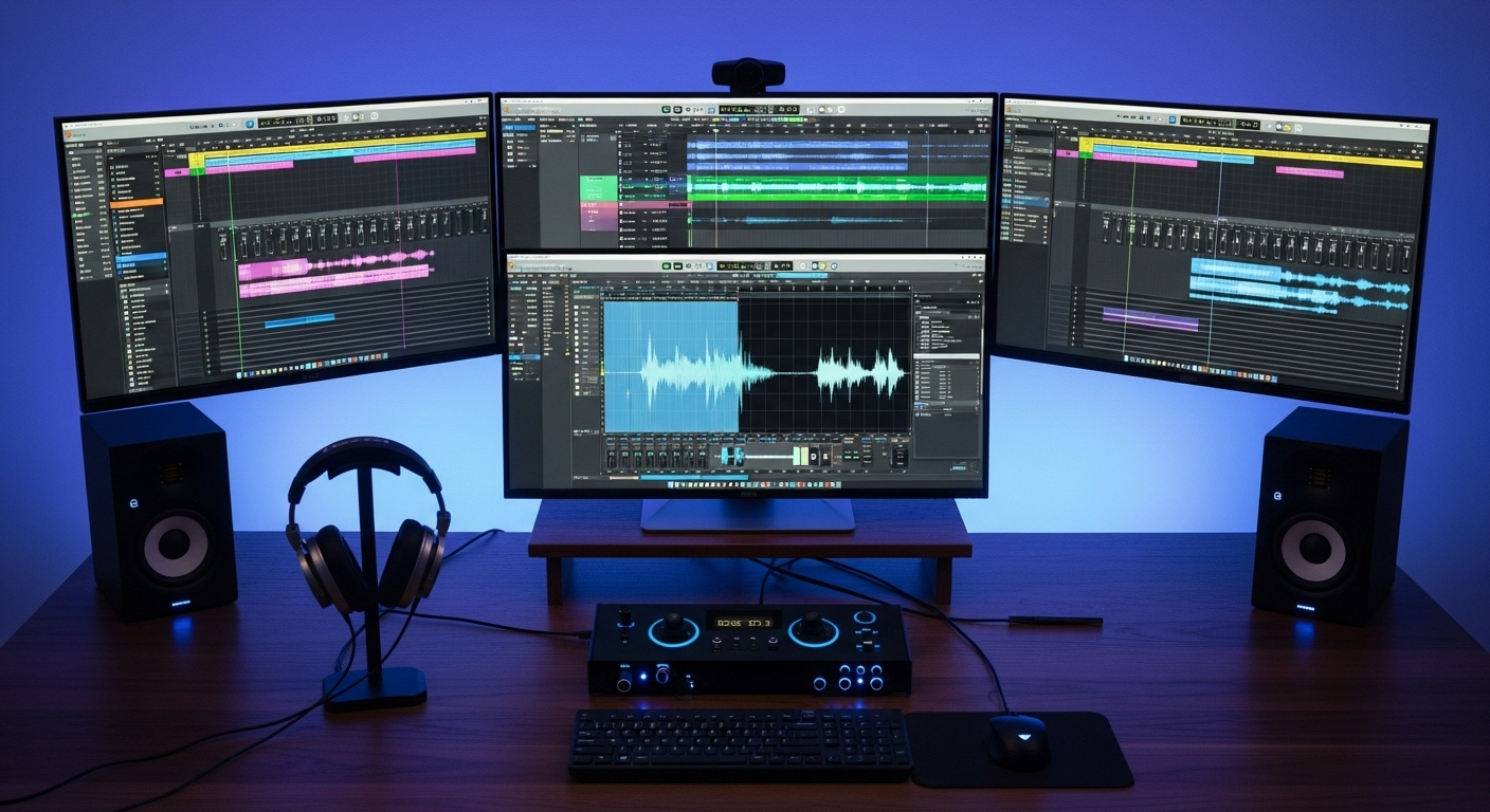 Professional podcast editing workspace